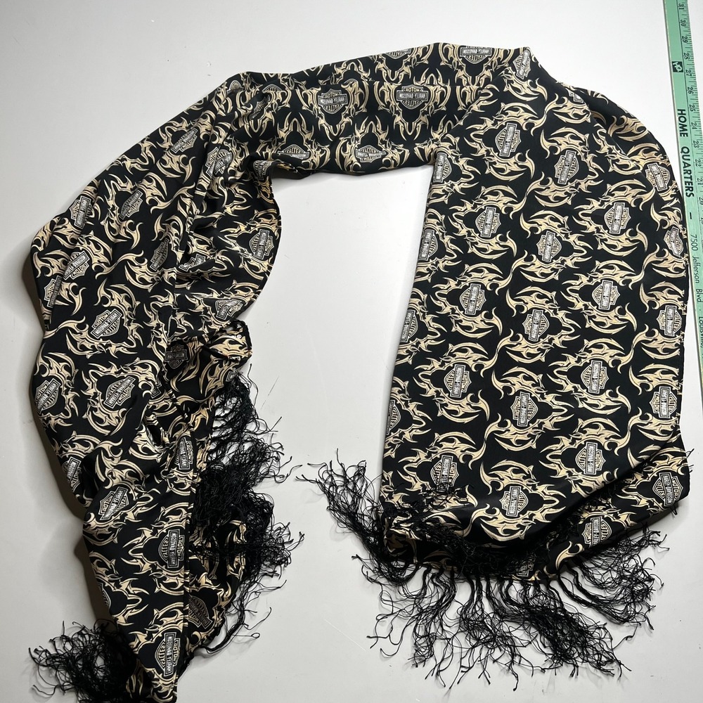 Harley-Davidson 2008 Ralph Marlin Tribal Logo Fringe Scarf Black‎ Cream Biker